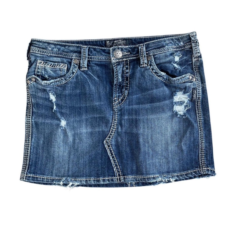 Y2K Silver Dark Wash Distressed Mini Skirt Size 28 Denim Stretch